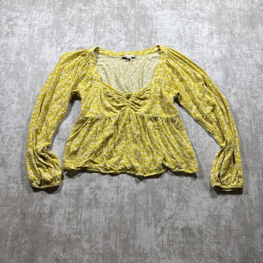 American Eagle Peplum Top Women Medium Yellow Floral O-Ring Smocked Long Sleeve